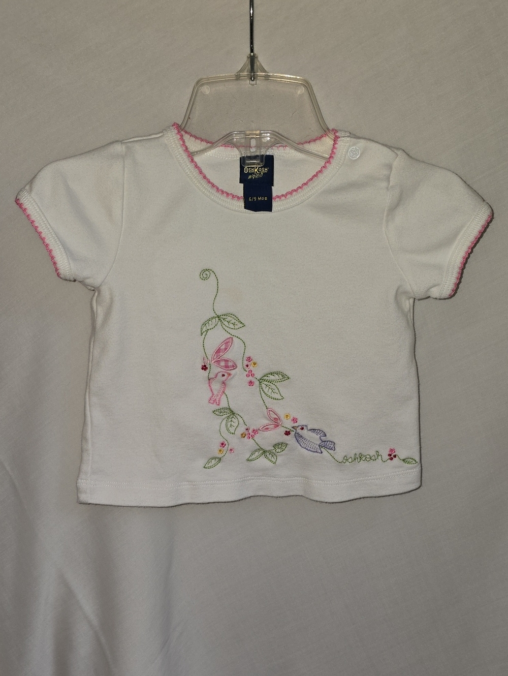 Vintage OshKosh B'gosh White Embroidered Tee with Pink Trim / Birds